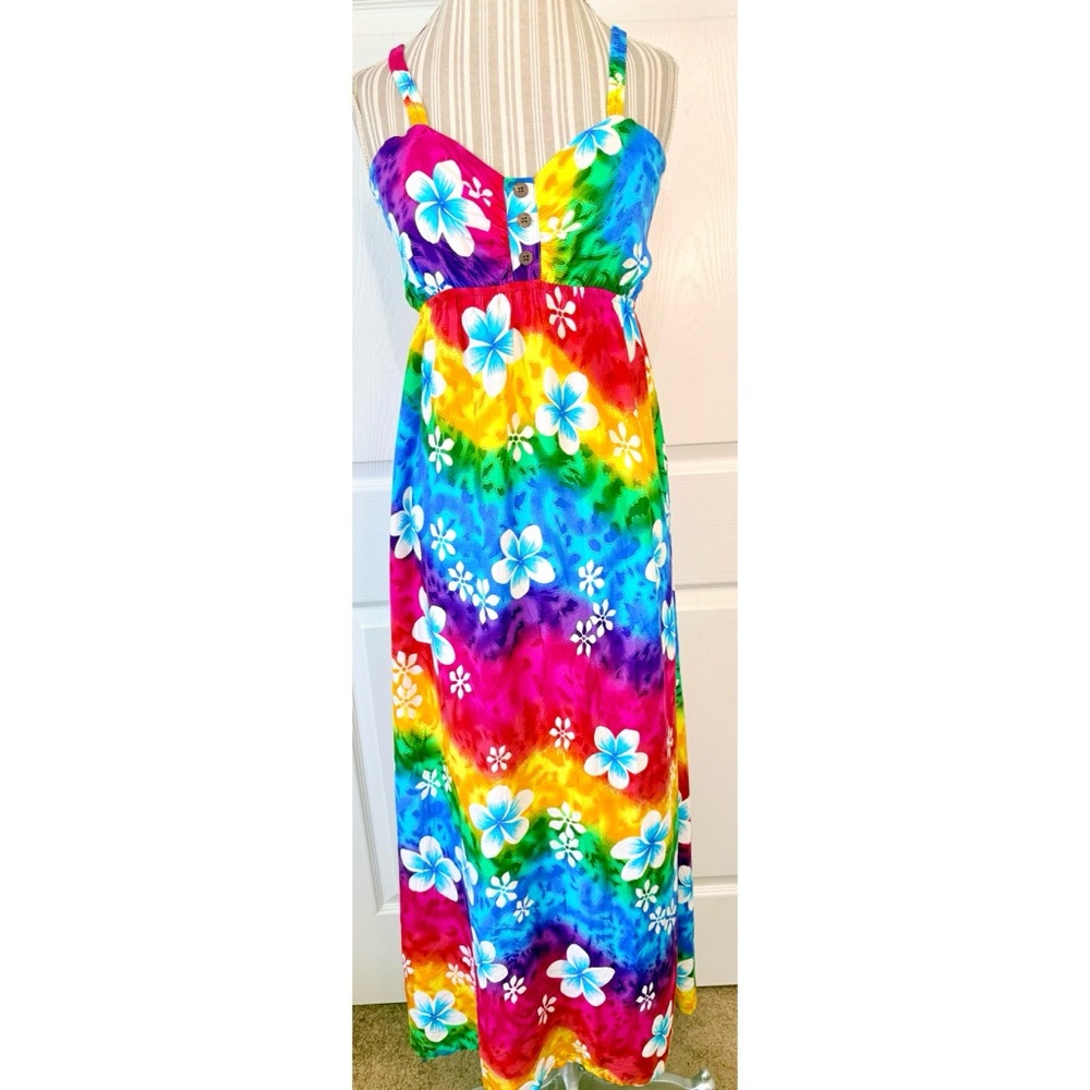 Vintage Floral Rainbow Tie Dye Hippie Festival Maxi Dress Size M/L